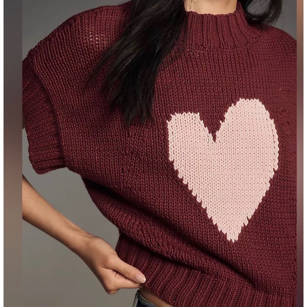 Maeve Anthropologie Heart Intarsia Knit Sweater Vest Burgundy Pink 1X Mock Neck - Picture 2 of 9